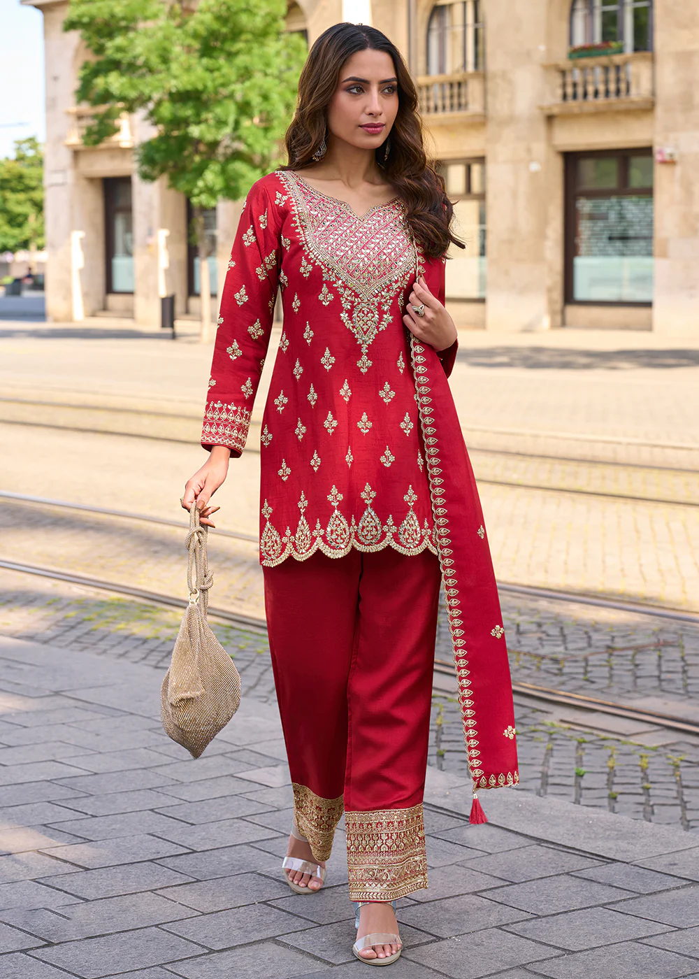 Red Embroidered Shimmer Silk Festive Palazzo Suit