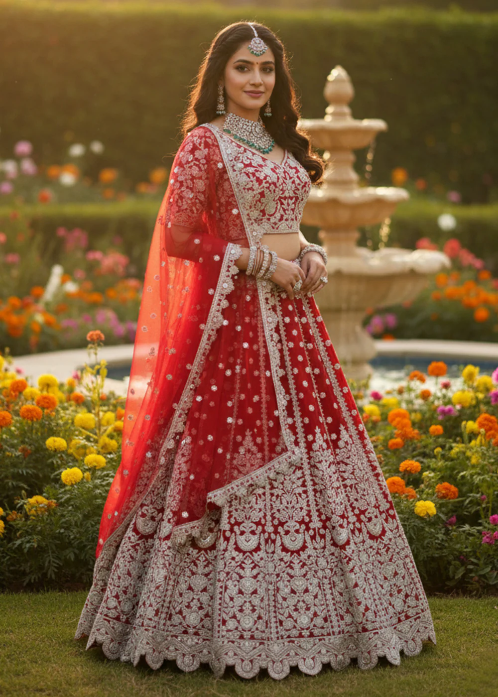 Red Fancy Dori & Sequins Net Wedding Lehenga Choli - Image 2