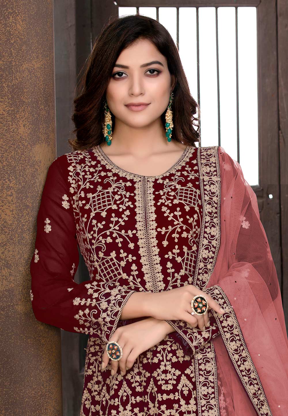 Red Faux Georgette Floor Length Anarkali Suit - Image 2
