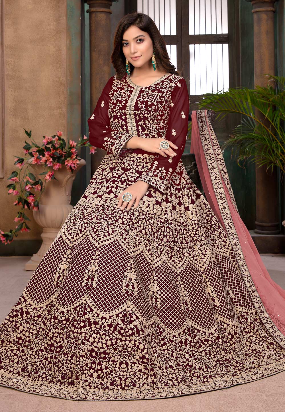 Red Faux Georgette Floor Length Anarkali Suit - Image 3