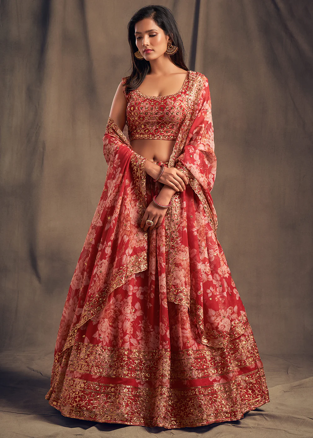 Red Floral Embroidered Organza Wedding Lehenga Choli