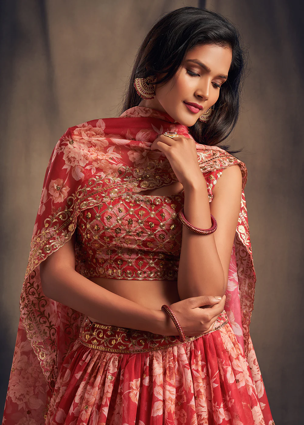 Red Floral Embroidered Organza Wedding Lehenga Choli - Image 2