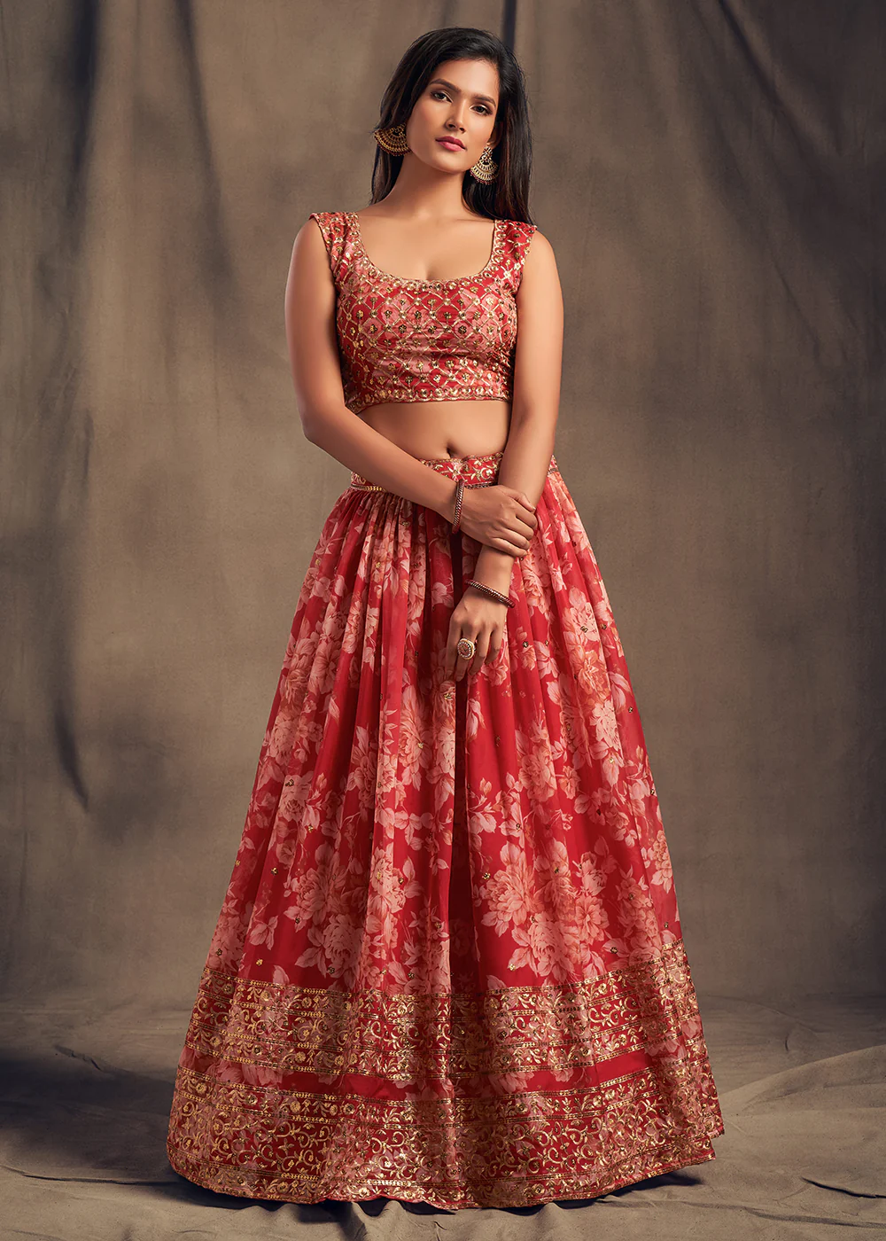 Red Floral Embroidered Organza Wedding Lehenga Choli - Image 5