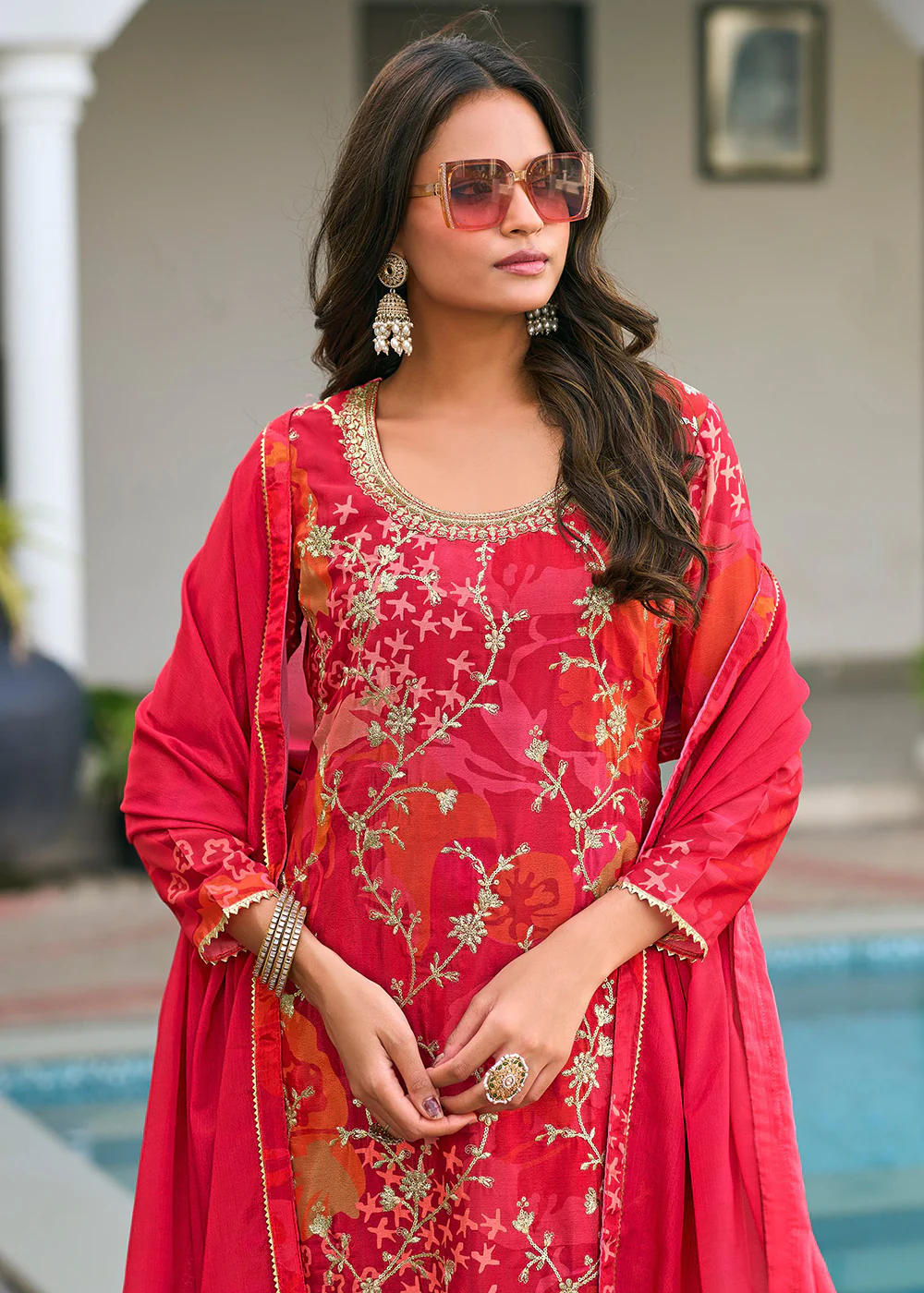 Red Floral Printed & Embroidered Festive Palazzo Suit - Image 2