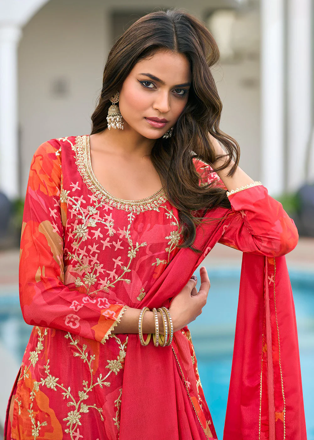 Red Floral Printed & Embroidered Festive Palazzo Suit - Image 3