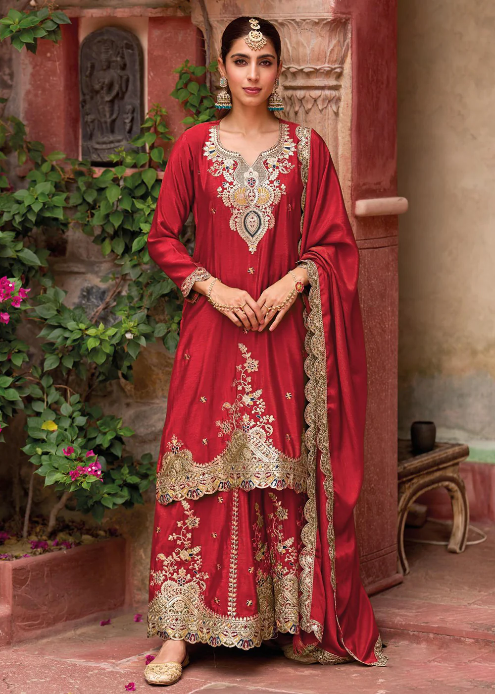Red Foil Work Chinnon Silk Palazzo Style Suit