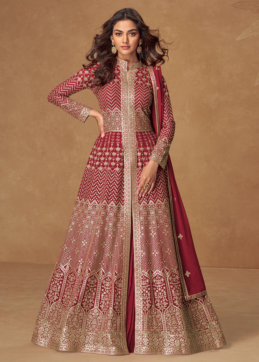 Red Front & Back Embroidered Slit Skirt Anarkali Suit