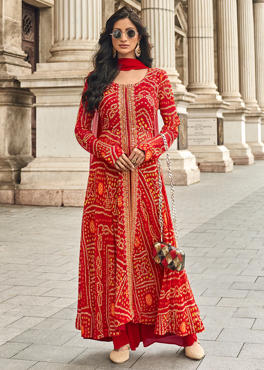 Red Hand Embellished Work Slit Palazzo Suit
