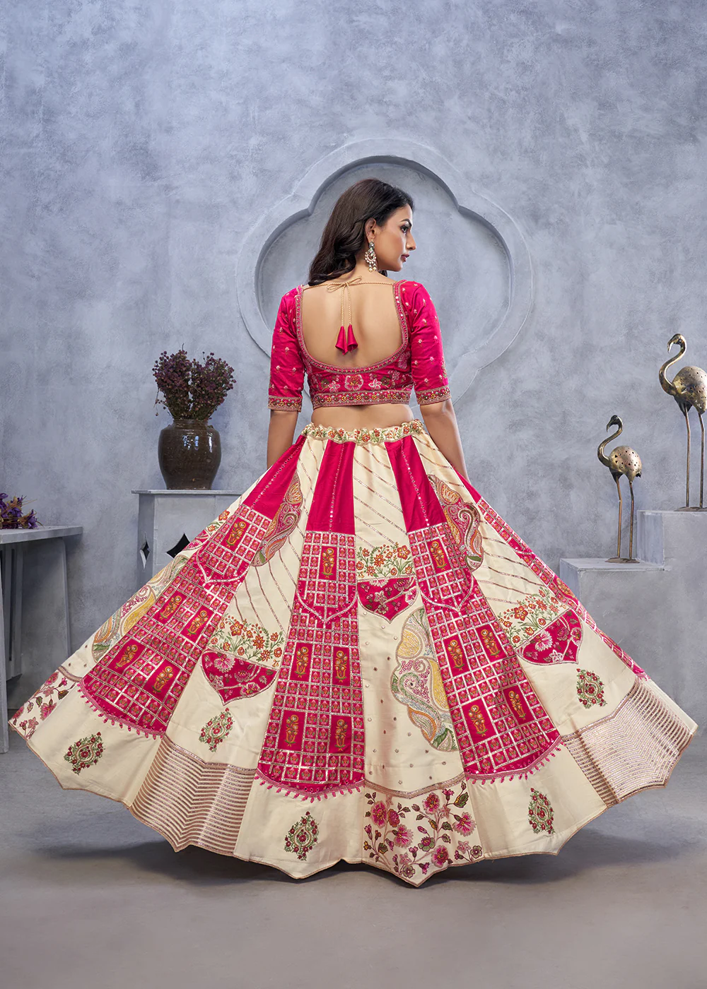 Red & Ivory Paisley Motifs Embroidered Wedding Lehenga Choli - Image 3