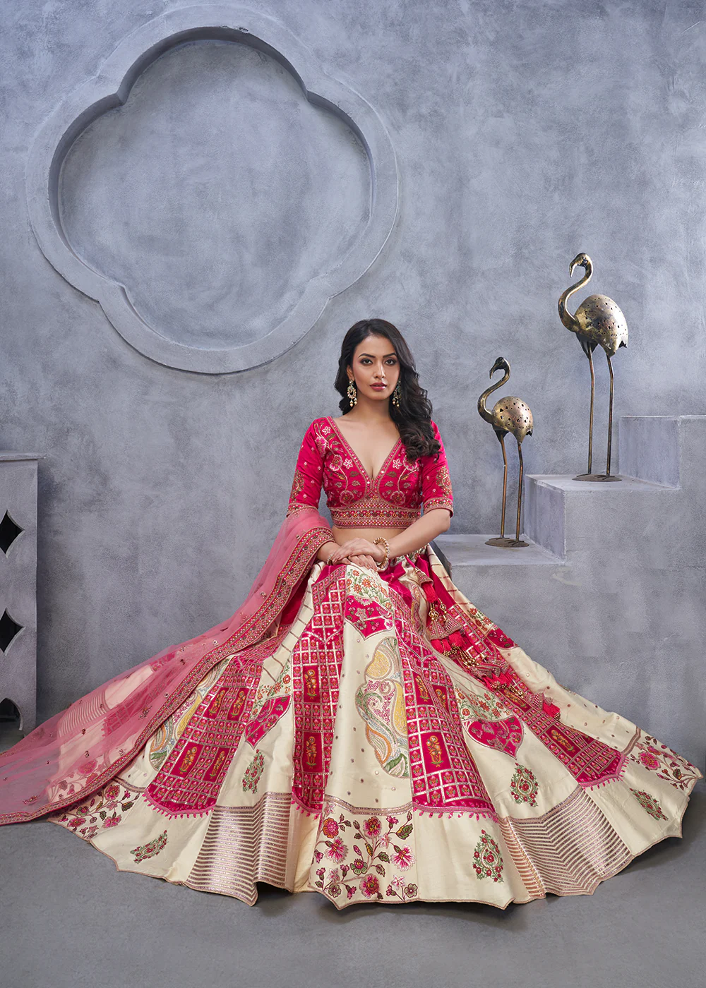 Red & Ivory Paisley Motifs Embroidered Wedding Lehenga Choli - Image 4