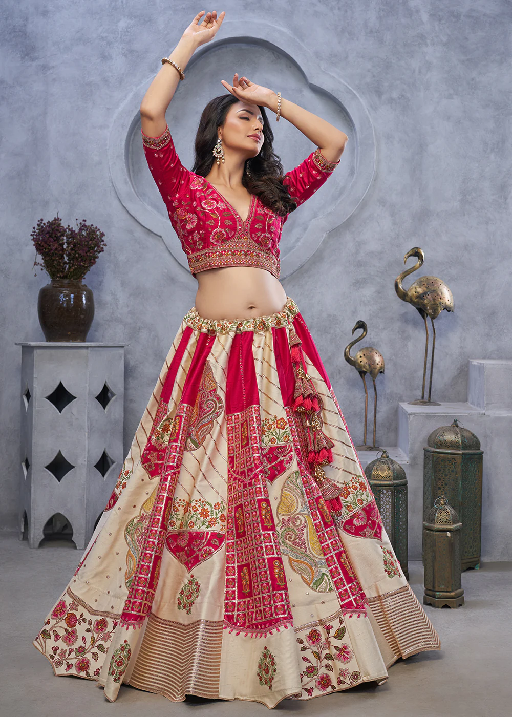 Red & Ivory Paisley Motifs Embroidered Wedding Lehenga Choli - Image 5