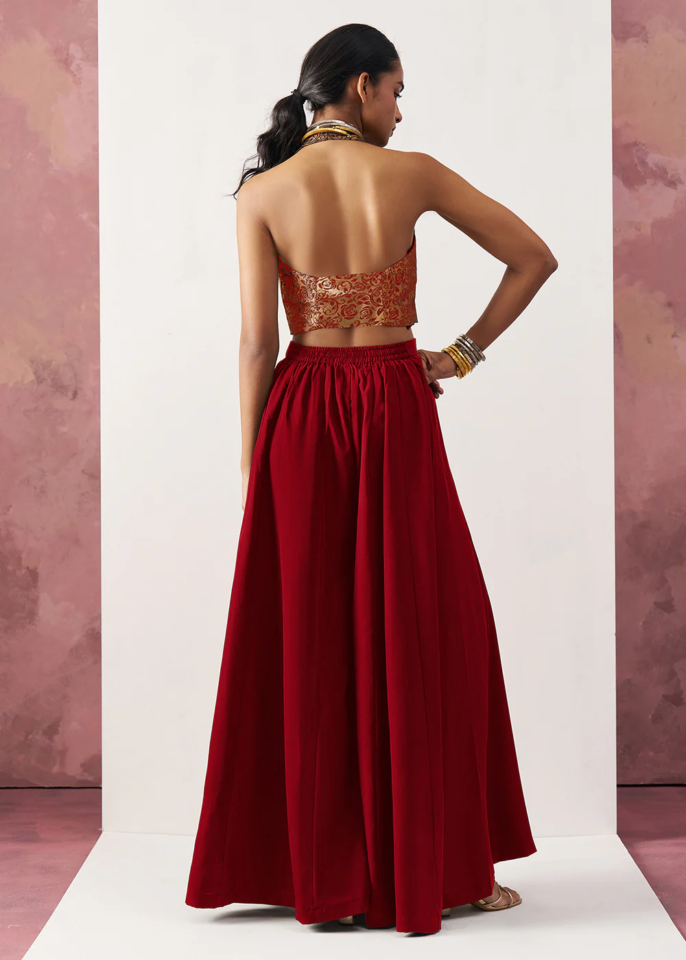 Red Jacquard Waistcoat Style Indo Western Skirt Suit - Image 3