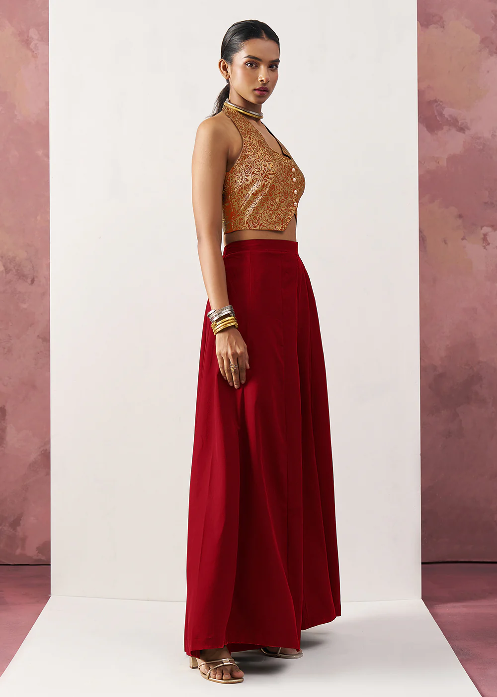 Red Jacquard Waistcoat Style Indo Western Skirt Suit - Image 6