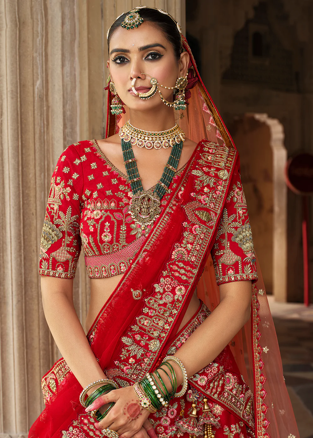 Red Khatli Embroidered Silk Bridal Lehenag Choli - Image 2