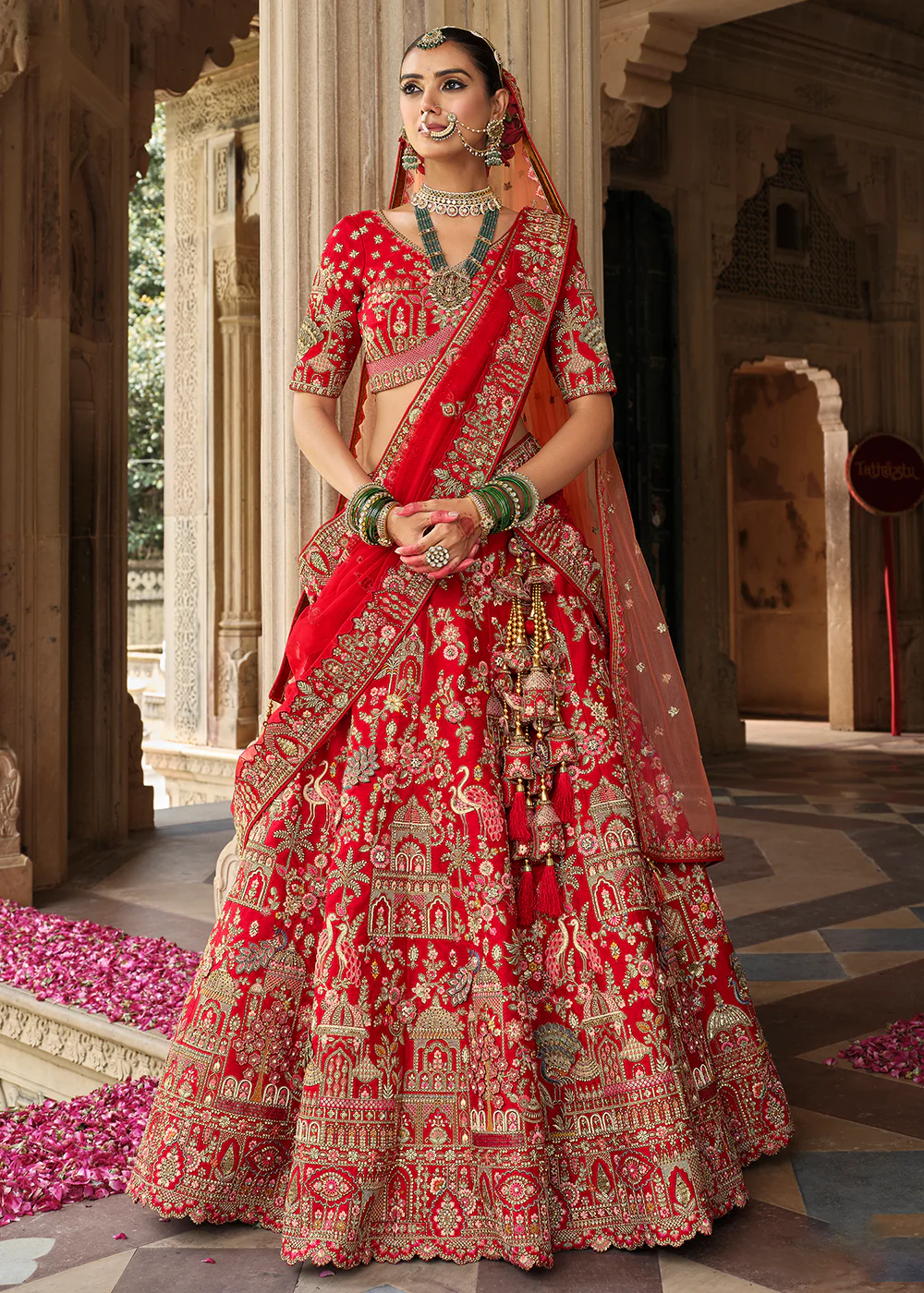 Red Khatli Embroidered Silk Bridal Lehenag Choli - Image 3