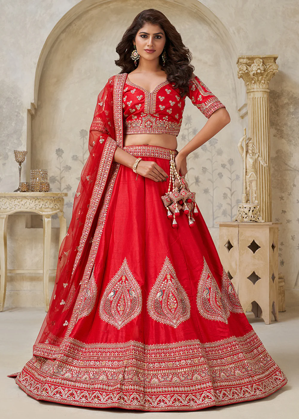 Red Leaf Motifs Embroidered Wedding Lehenga Choli
