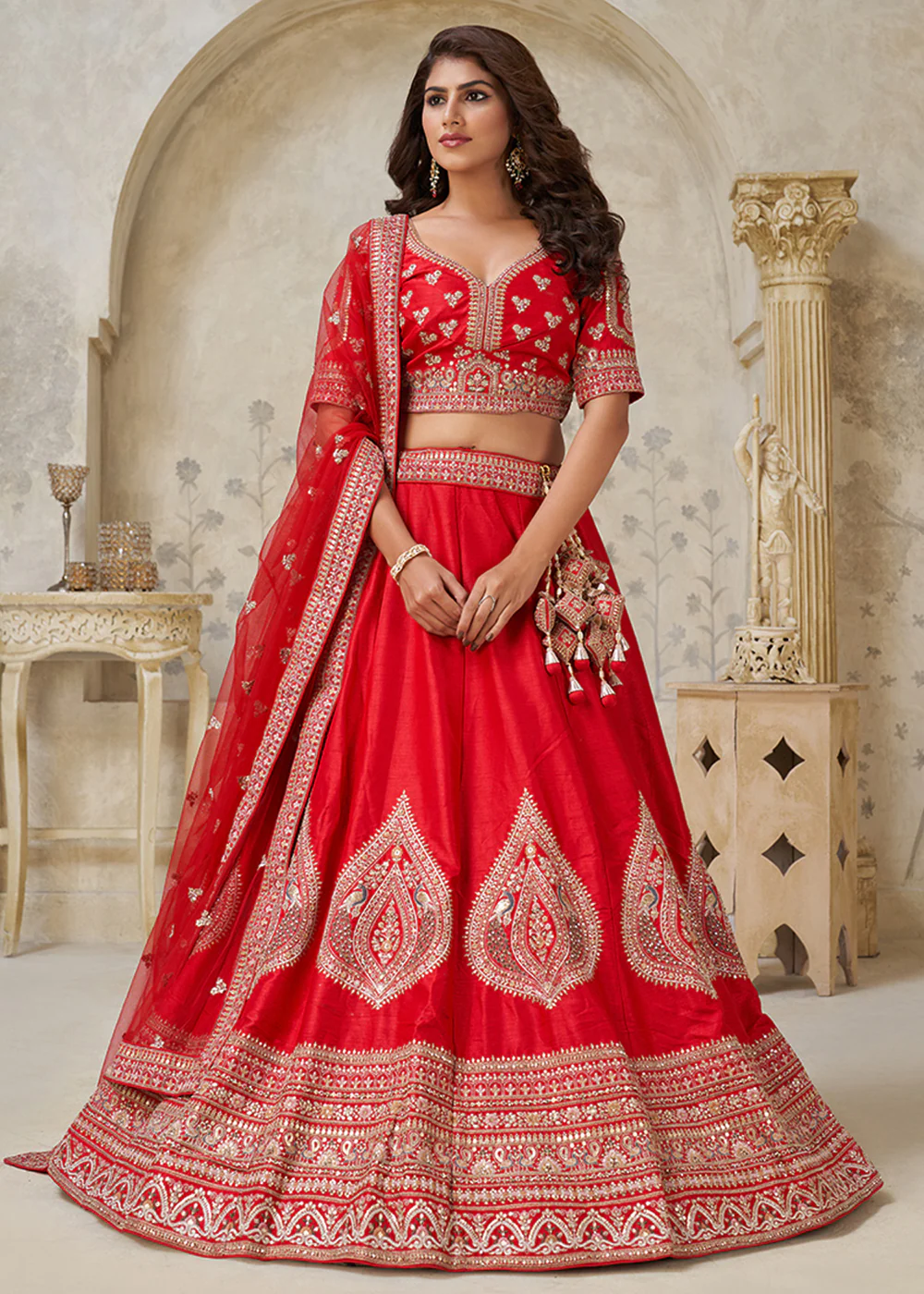 Red Leaf Motifs Embroidered Wedding Lehenga Choli - Image 5
