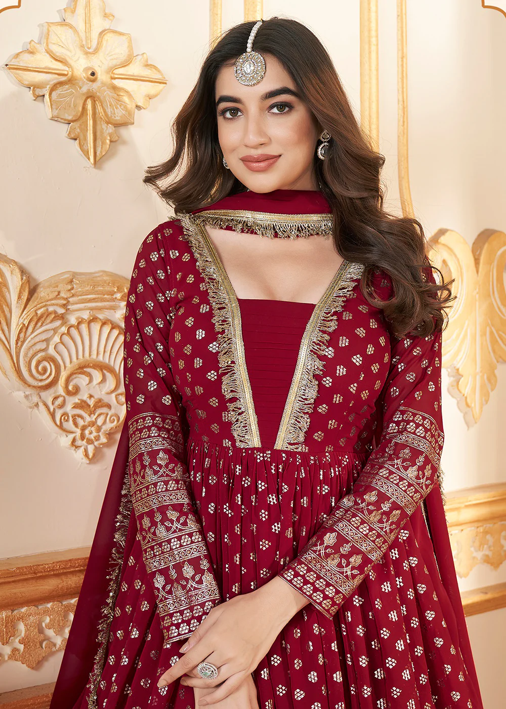 Red Metalic Foil Work Embroidered Wedding Festive Anarkali Gown - Image 2