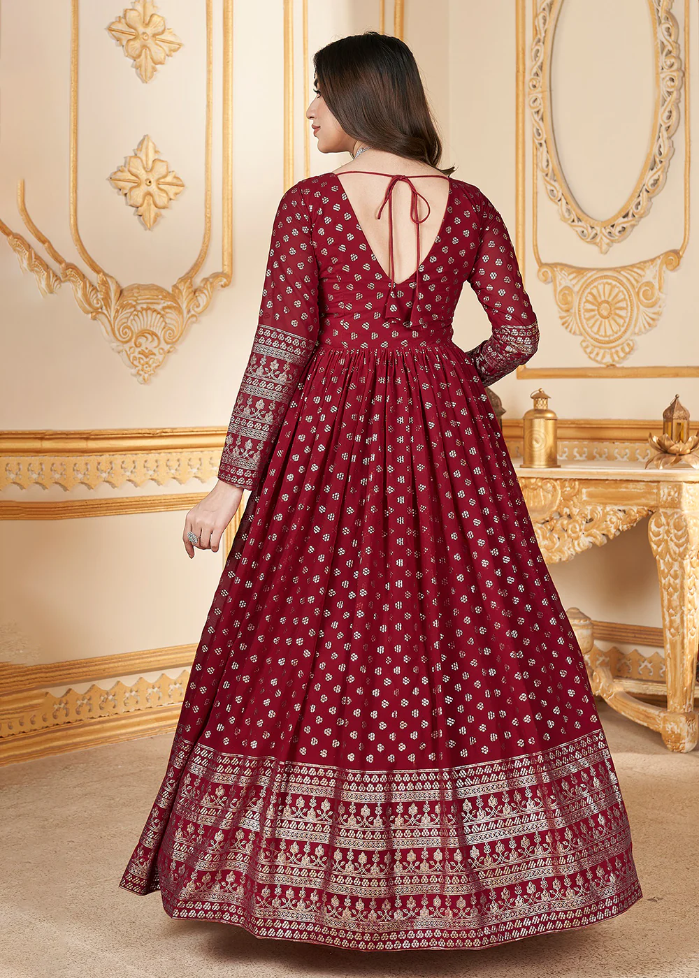 Red Metalic Foil Work Embroidered Wedding Festive Anarkali Gown - Image 3
