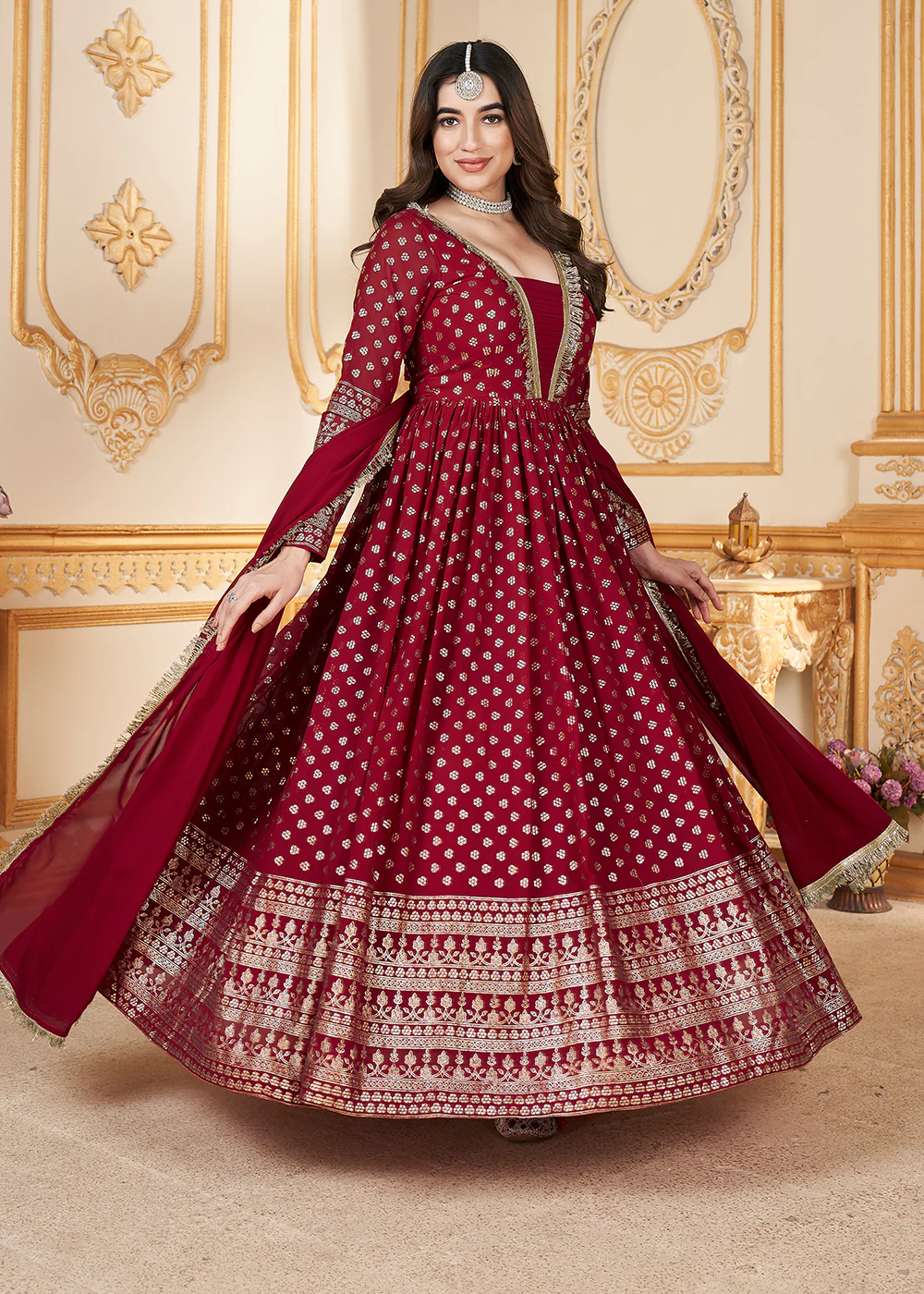 Red Metalic Foil Work Embroidered Wedding Festive Anarkali Gown - Image 4