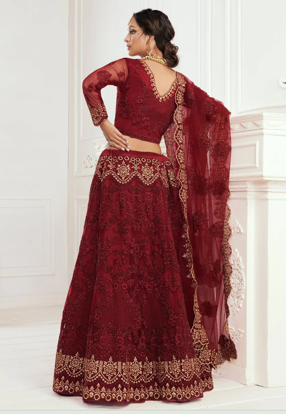 Red Net Embroidered Wedding Lehenga Choli - Image 3