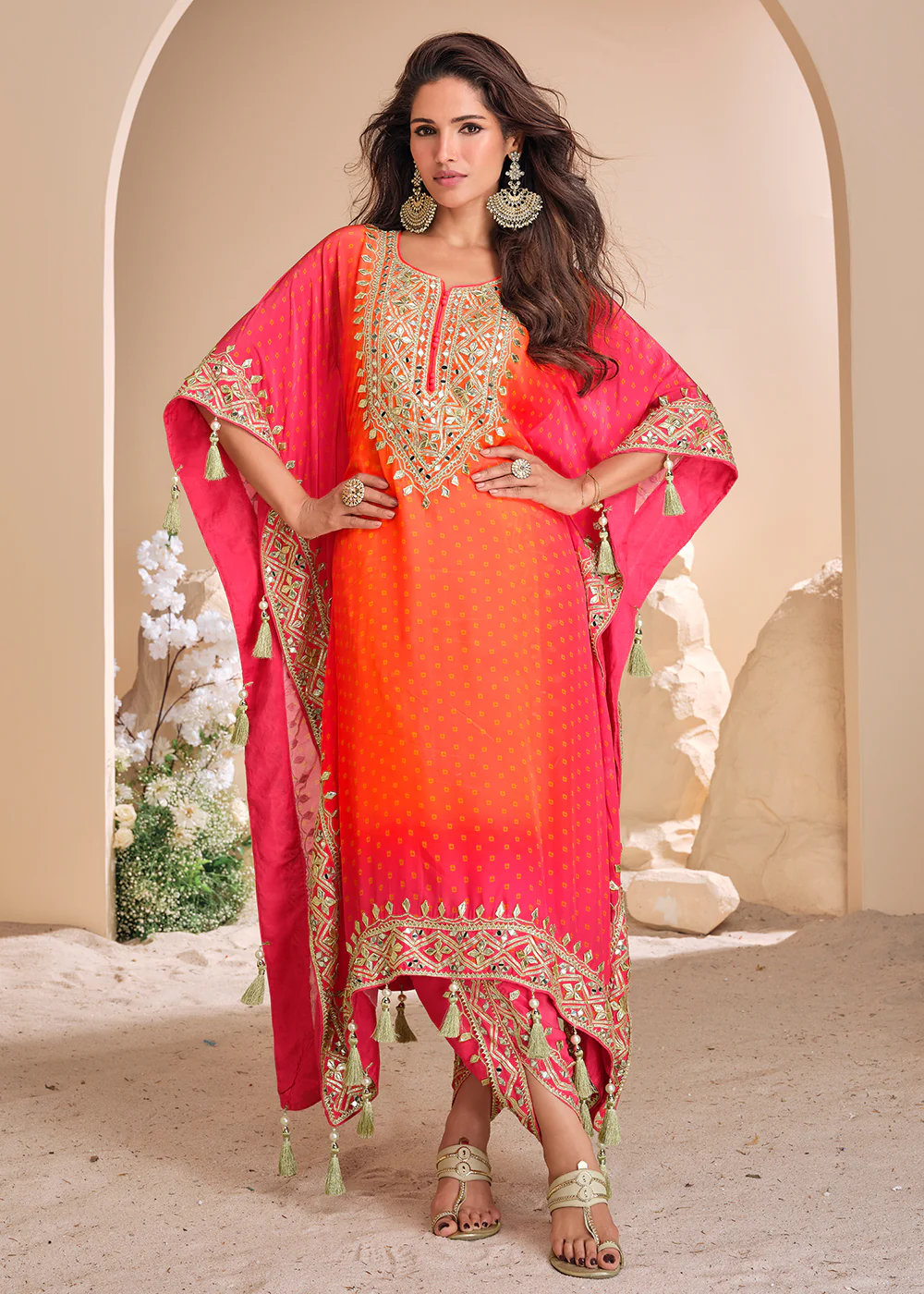 Red & Orange Dhoti Style Hand Embellished Kaftan Style Dress