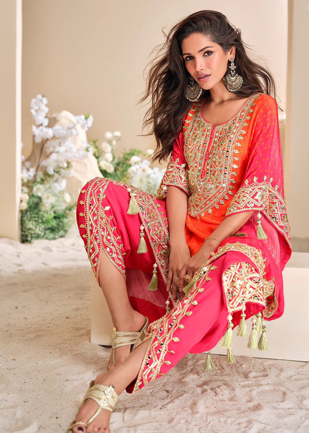 Red & Orange Dhoti Style Hand Embellished Kaftan Style Dress - Image 3