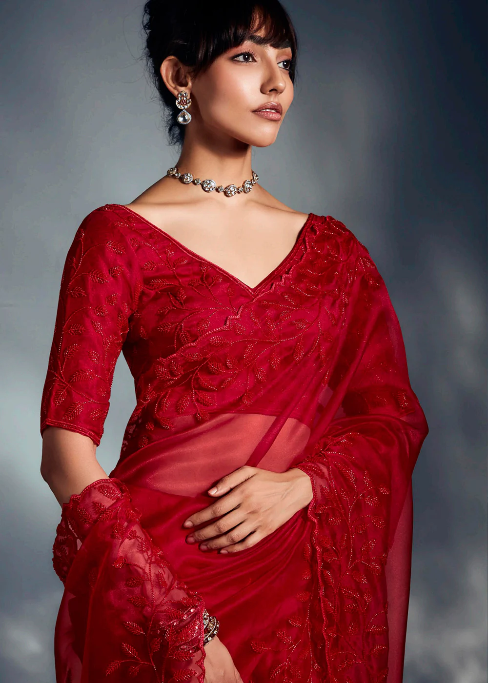 Red Organza Khatli Work Designer Party Saree - Image 2