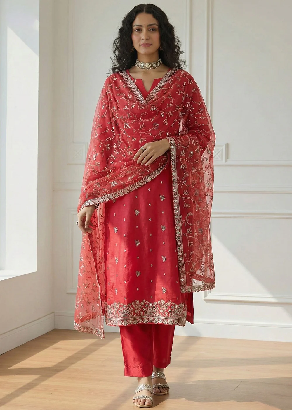 Red Pakistani Style Organza Festive Salwar Suit