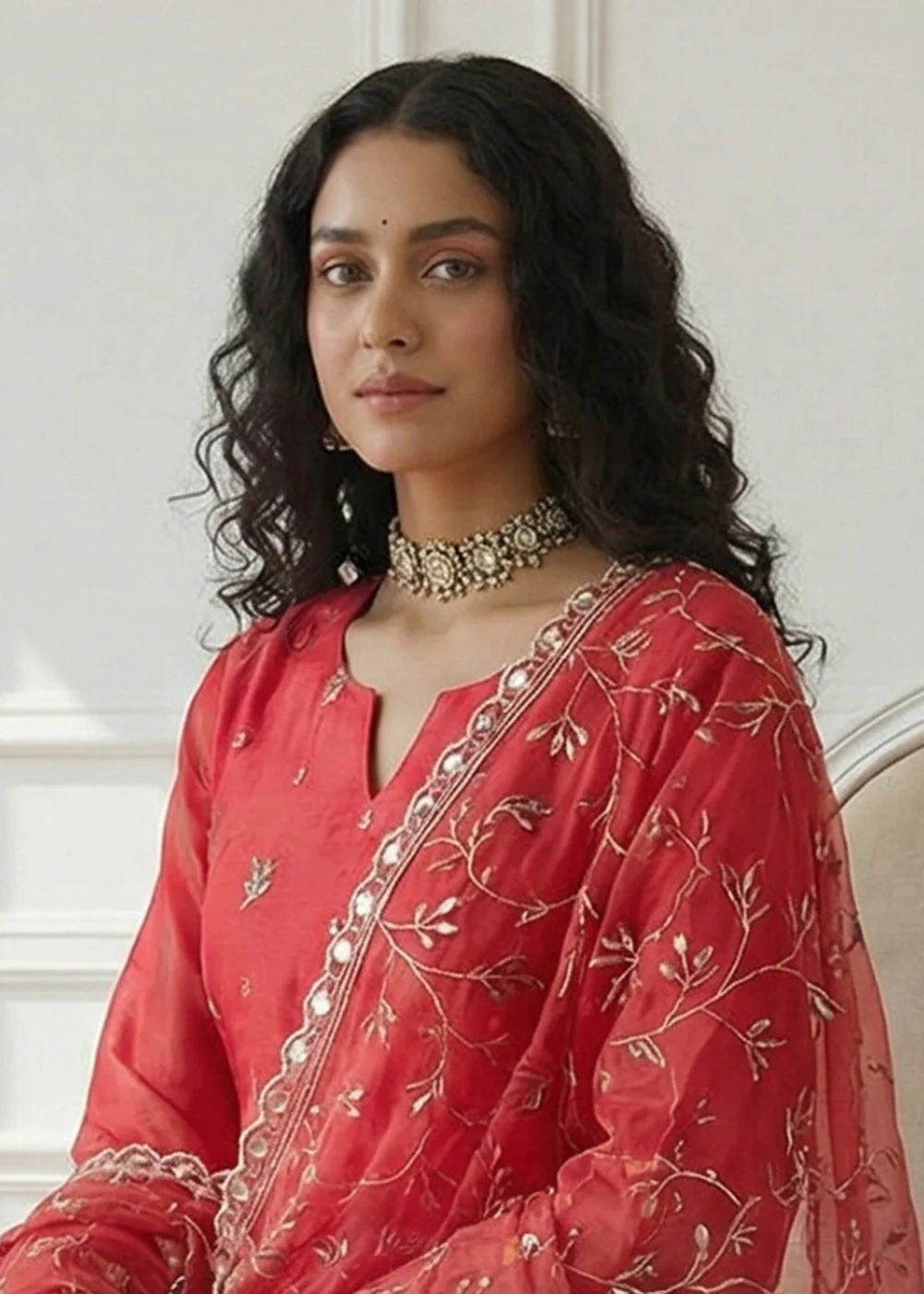 Red Pakistani Style Organza Festive Salwar Suit - Image 2