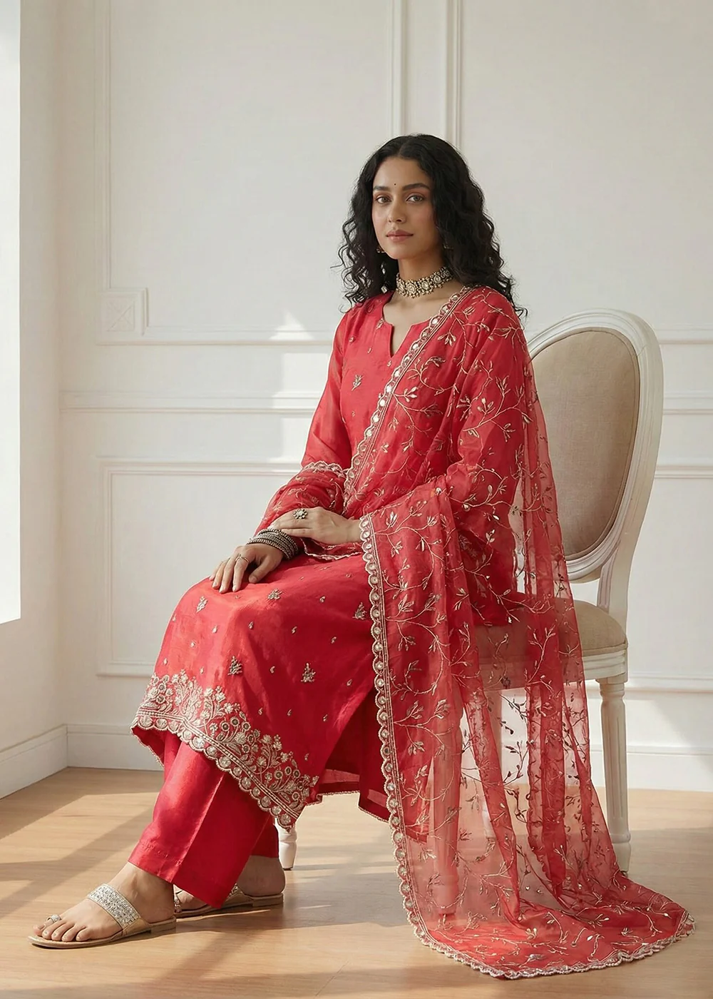 Red Pakistani Style Organza Festive Salwar Suit - Image 3