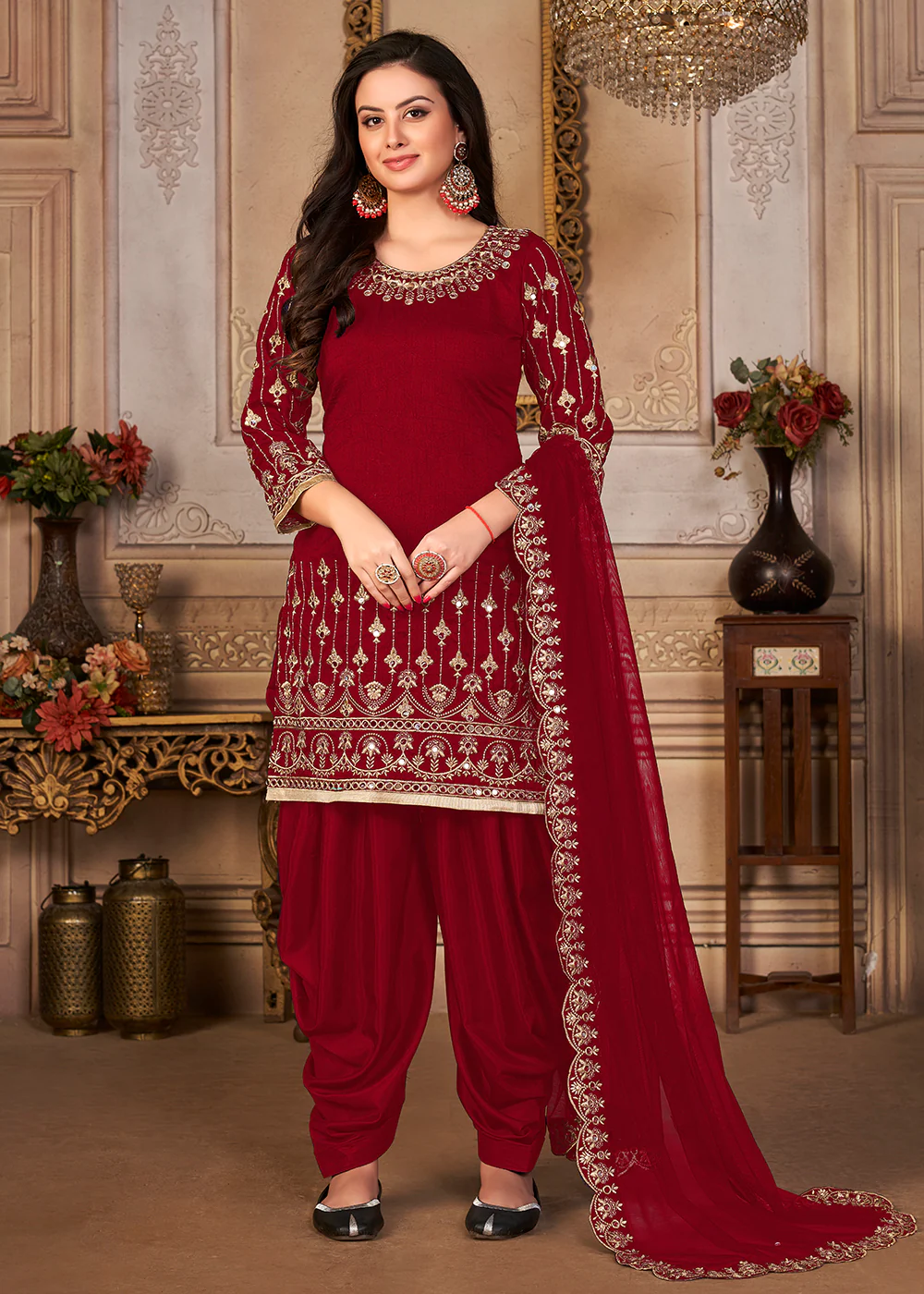 Red Patiala Style Silk Crafted Punjabi Salwar Suit - Image 3