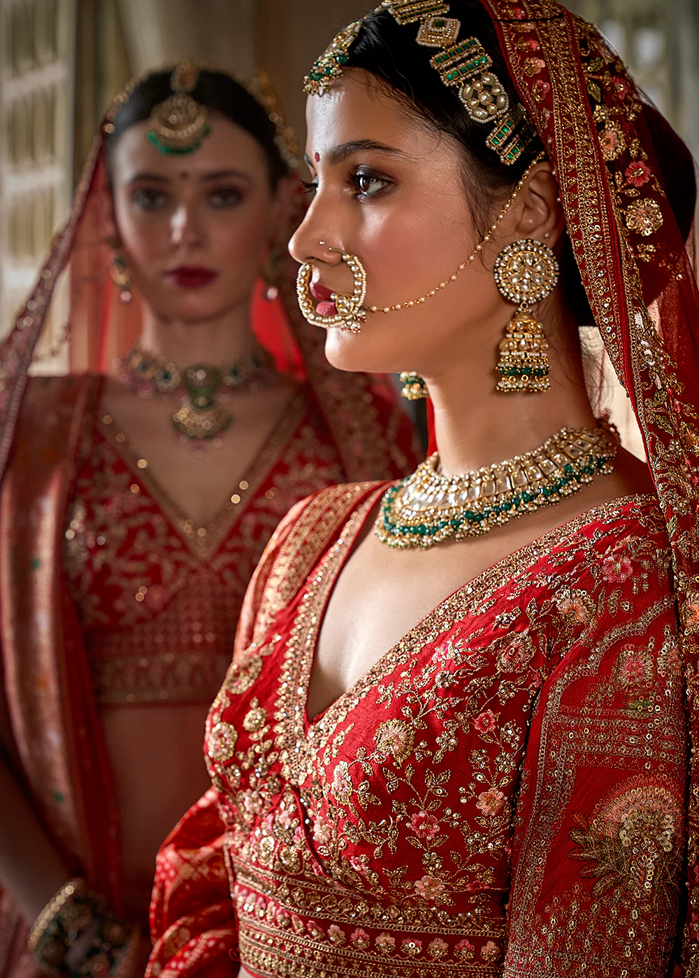 Red & Pink Bridal Silk Sabyasachi Inspired Lehenga Choli - Image 3