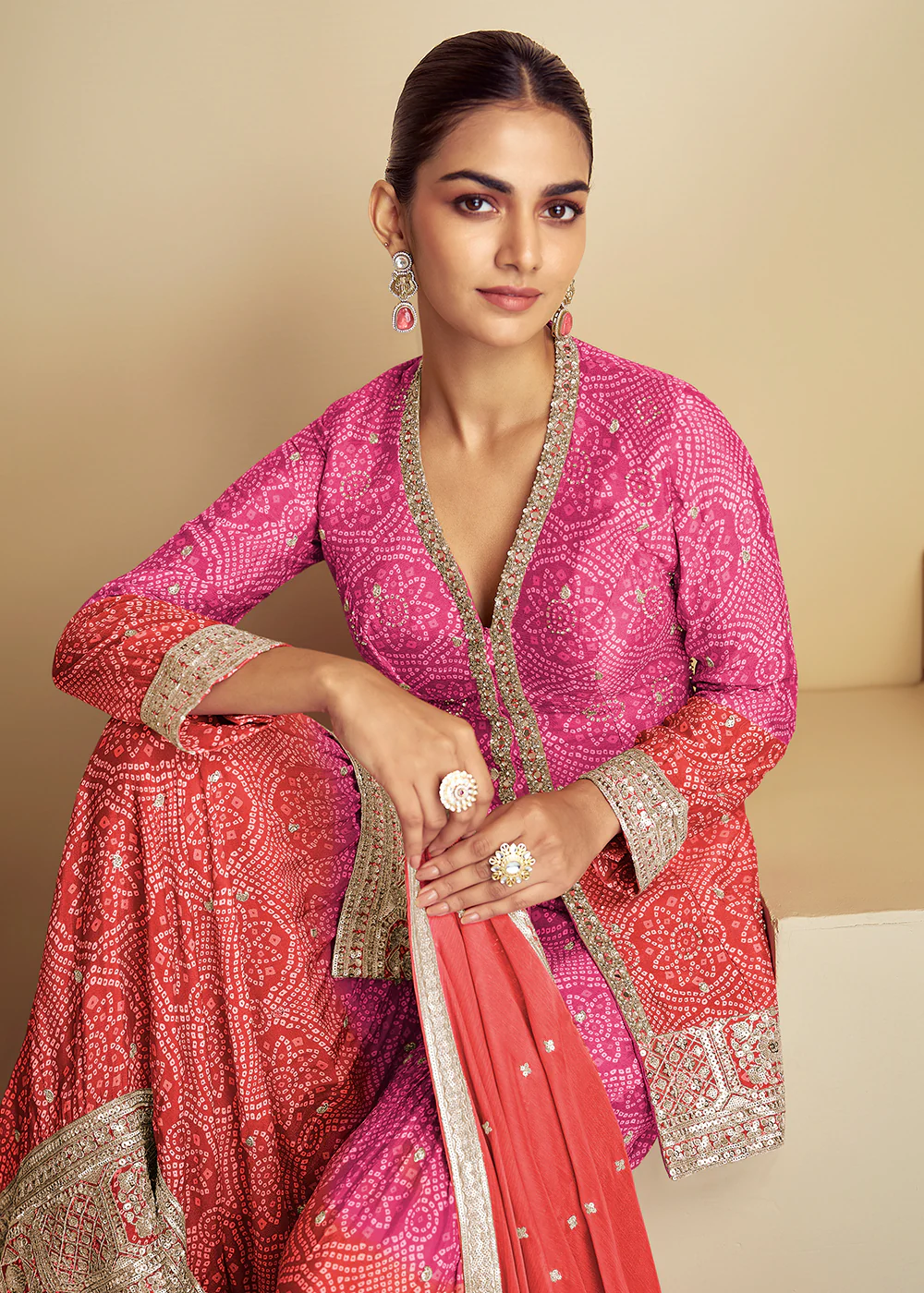 Red & Pink Ombre Kurti Style Gharara Style Suit - Image 2