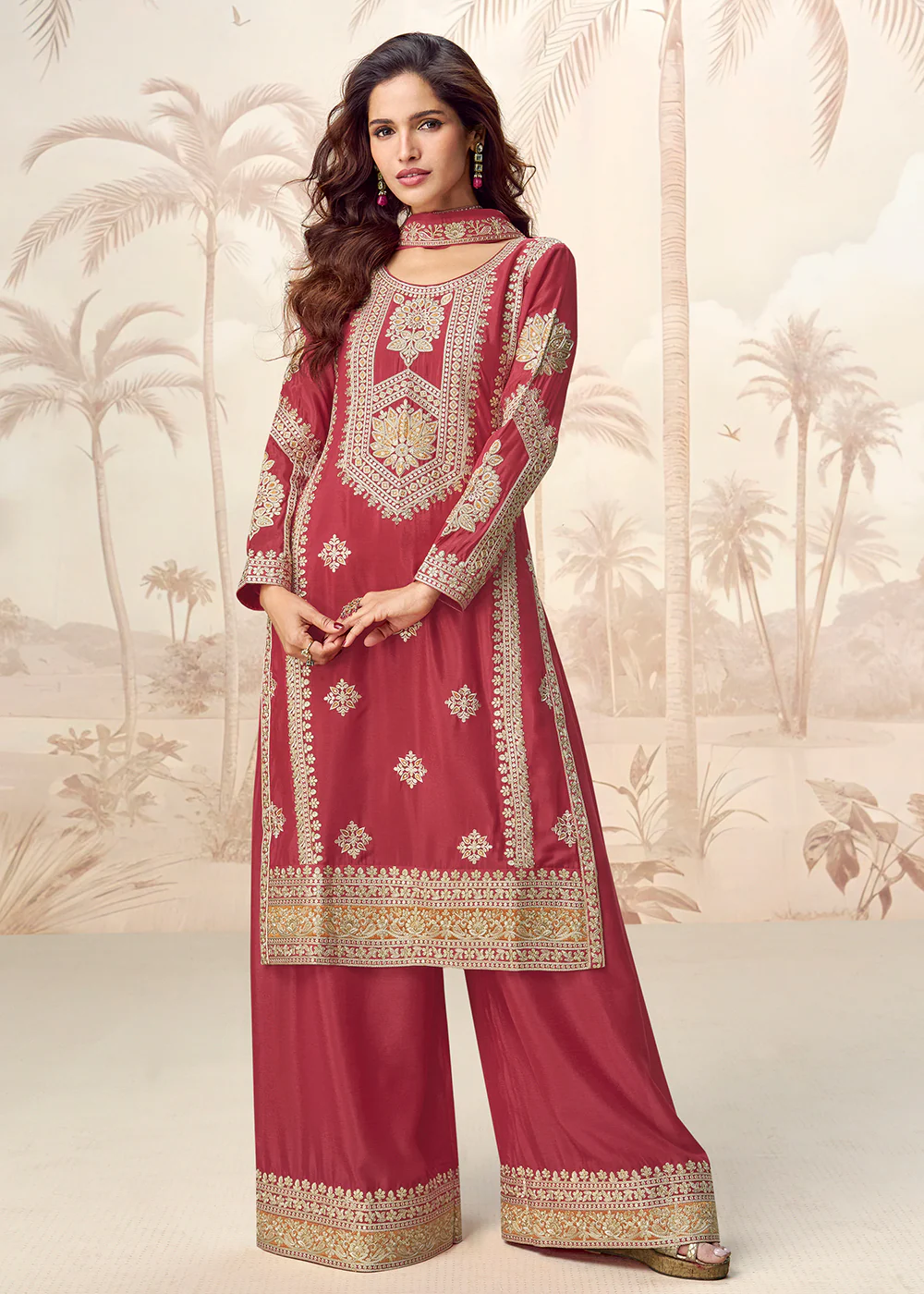 Red Premium Chinnon Festive Wedding Palazzo Suit