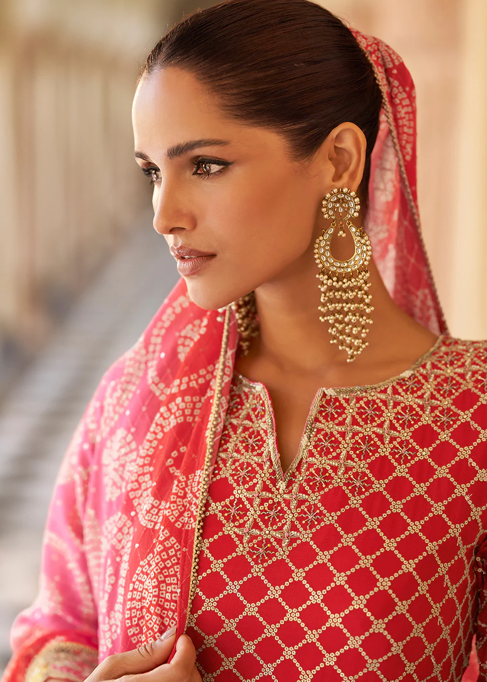Red Premium Chinnon Silk Festive Wear Gharara Suit - Image 2