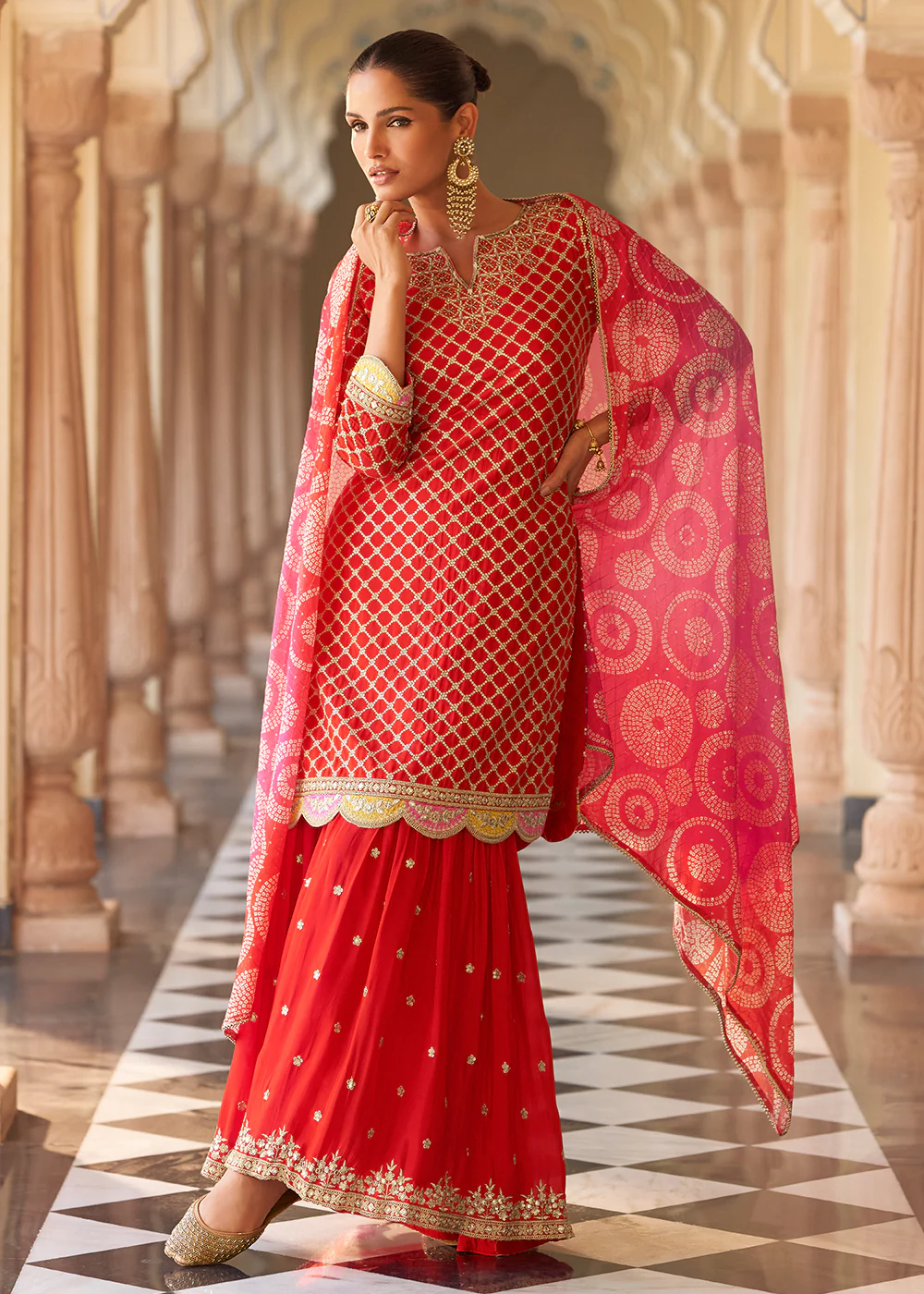 Red Premium Chinnon Silk Festive Wear Gharara Suit - Image 3