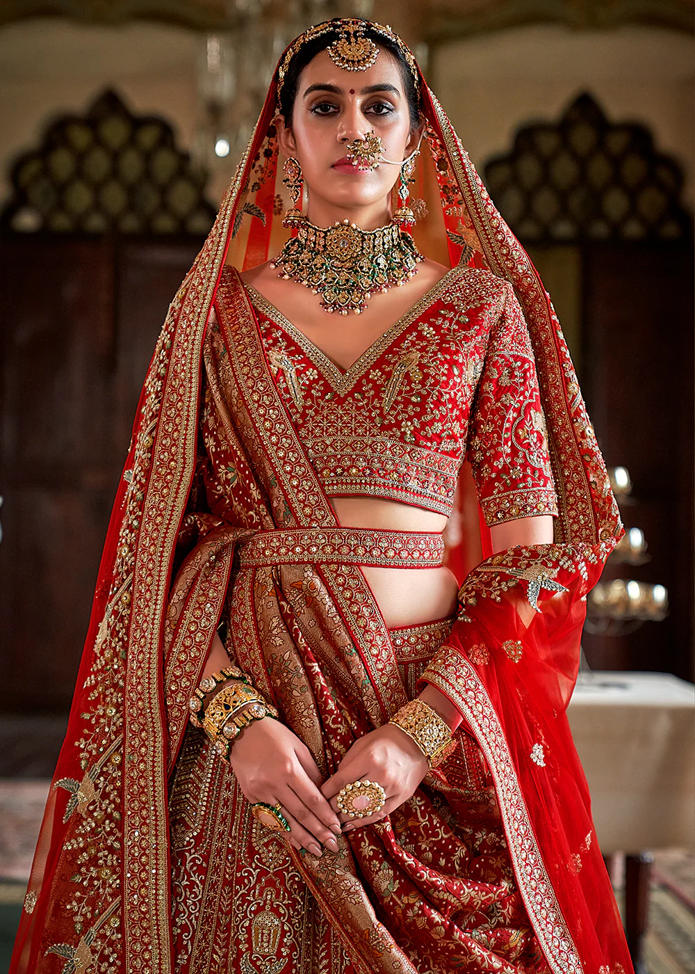Red Pretty Bridal Tone Silk Designer Lehenga Choli - Image 2