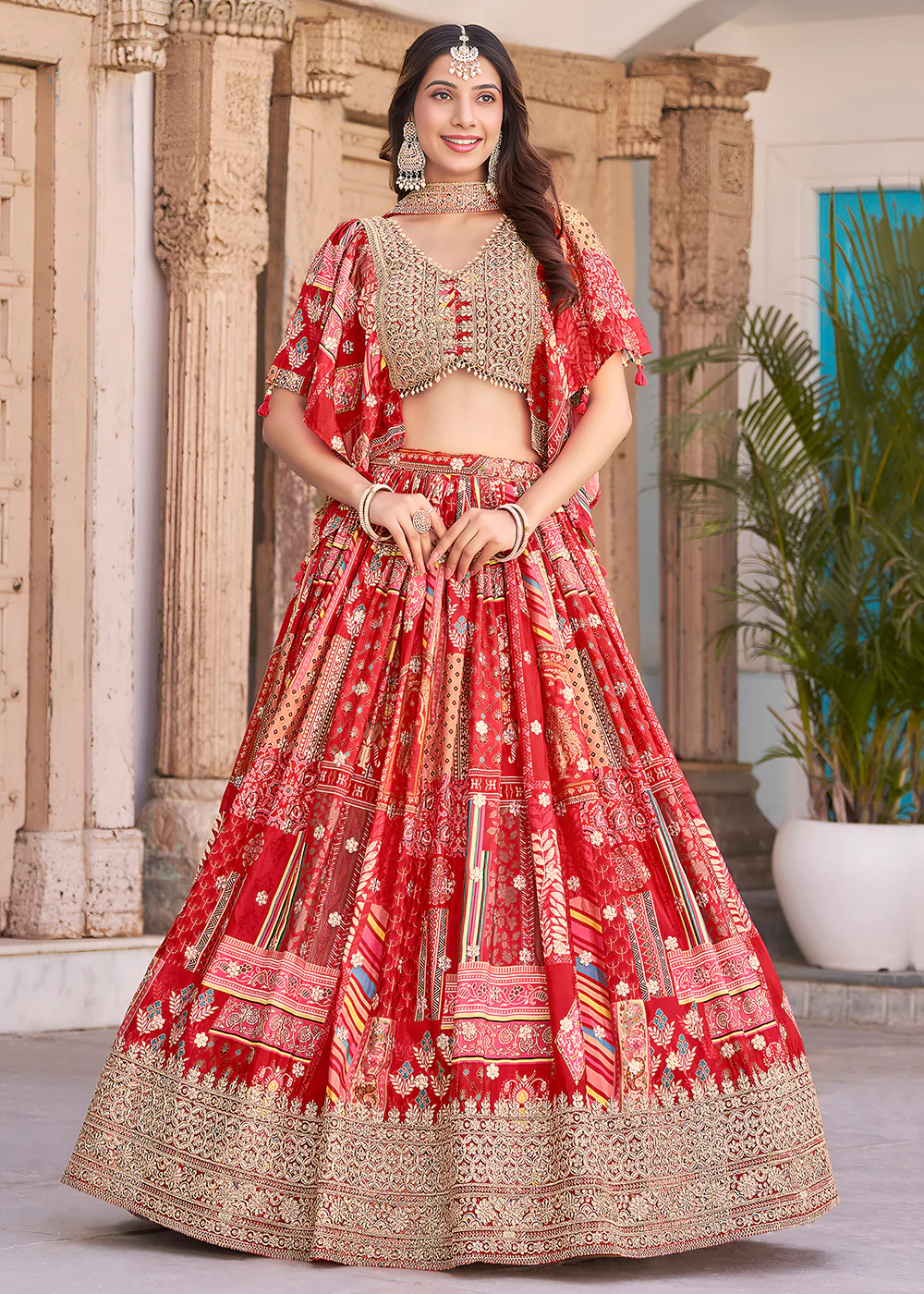 Red Printed & Zari Dori Embroidered Lehenga Choli