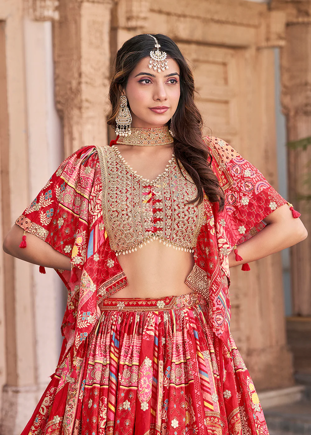 Red Printed & Zari Dori Embroidered Lehenga Choli - Image 2