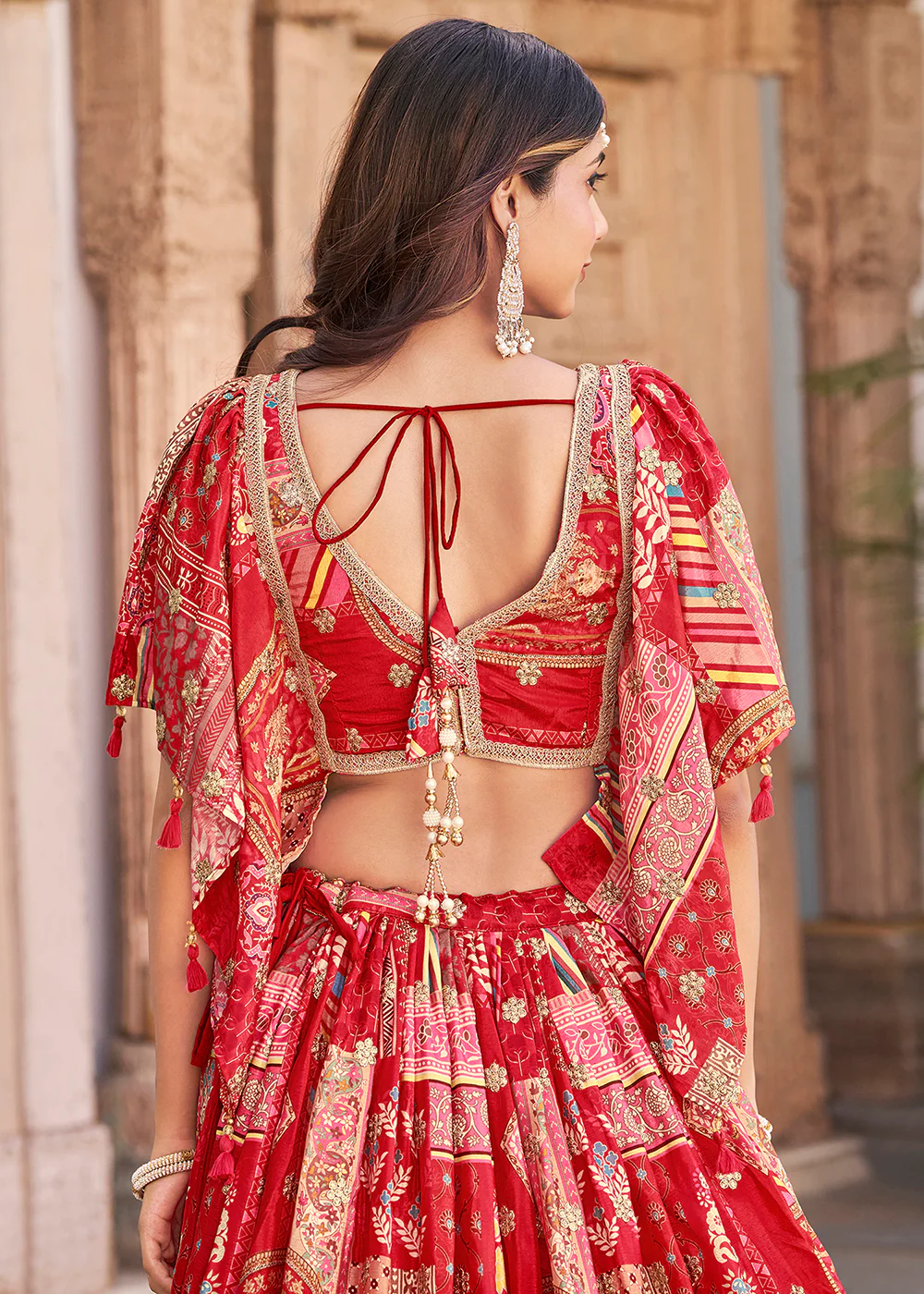 Red Printed & Zari Dori Embroidered Lehenga Choli - Image 3