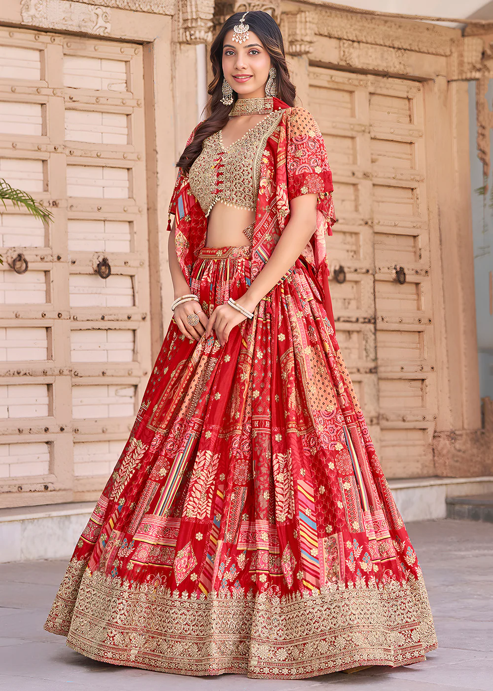 Red Printed & Zari Dori Embroidered Lehenga Choli - Image 6