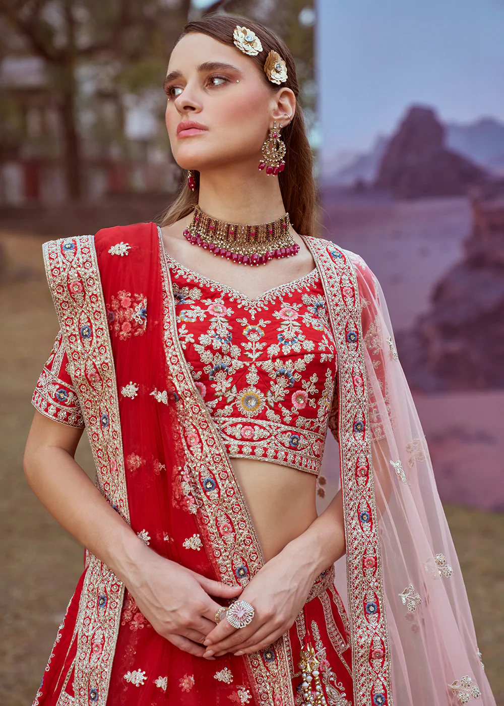 Red Pure Silk Embroidered Wedding Wear Lehenga Choli - Image 2
