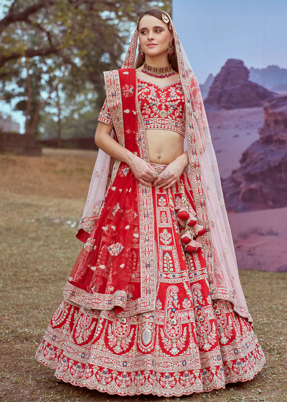 Red Pure Silk Embroidered Wedding Wear Lehenga Choli - Image 4