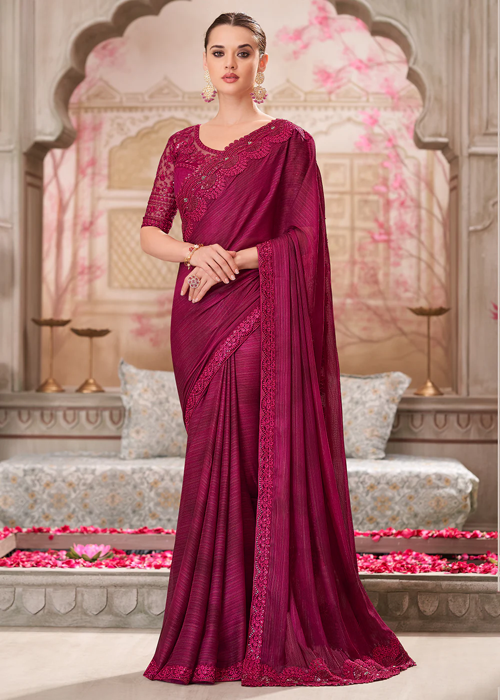 Red Satin Silk Georgette Embroidered Wedding Wear Saree