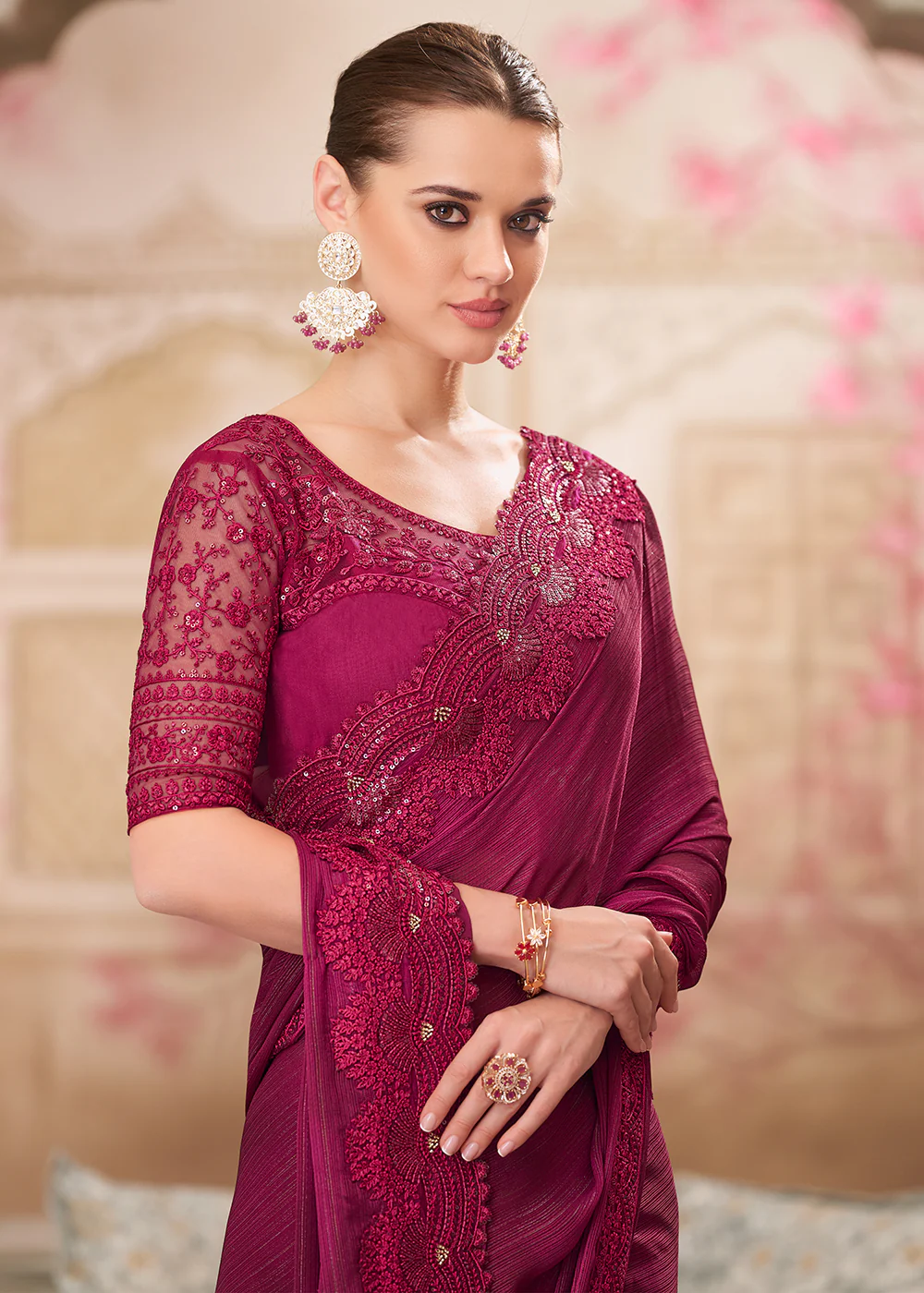 Red Satin Silk Georgette Embroidered Wedding Wear Saree - Image 2