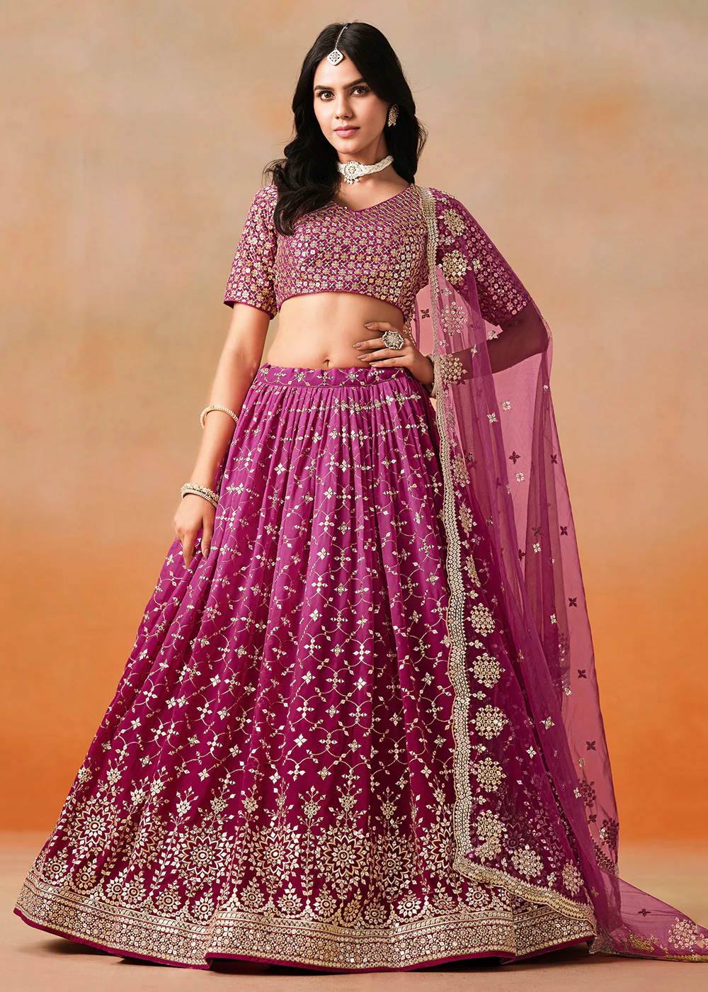 Red Sequins & Zari Embroidered Wedding Lehenga Choli