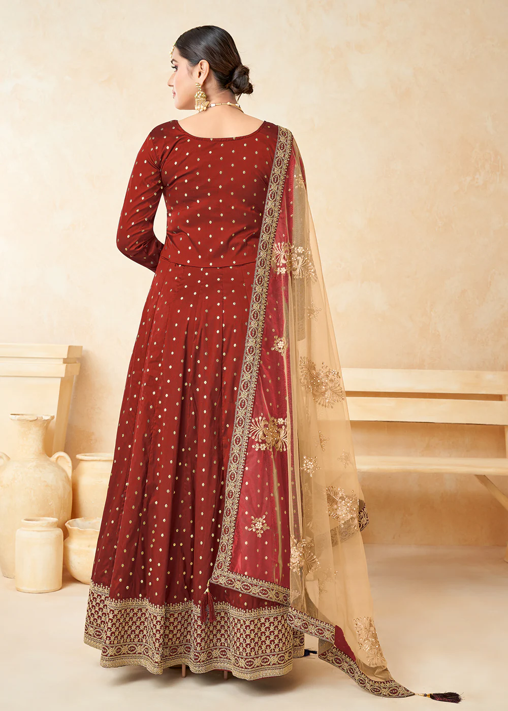 Red Silk Embroidered Indian Ethnic Wear Anarkali Dress - Image 3