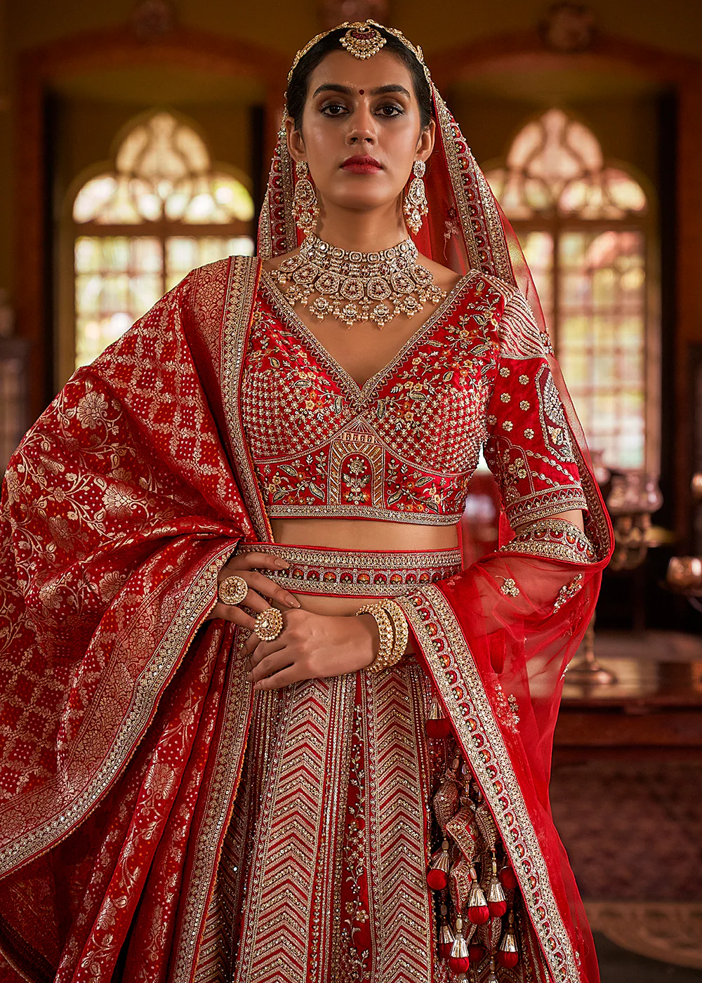 Red Silk Heavily Embroidered Bridal Lehenga Choli - Image 2