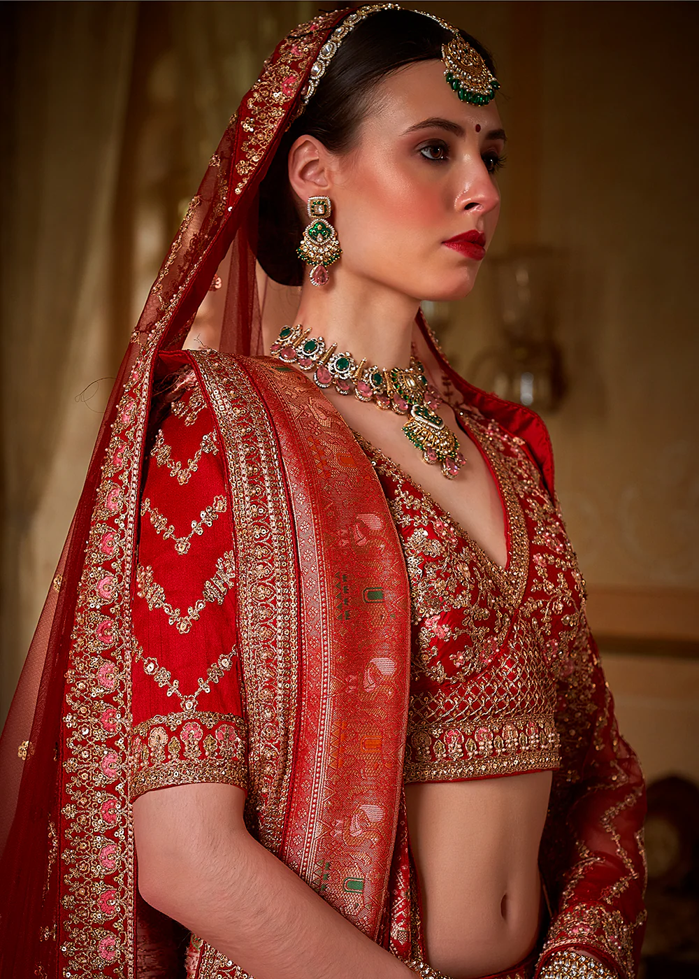 Red Silk Heavily Embroidered Bridal Wear Lehenga Choli - Image 2